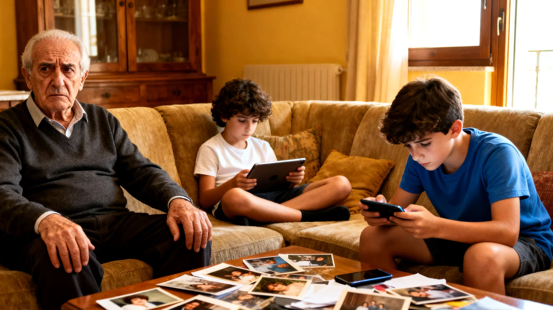 Il nonno fatica a gestire il tempo che i nipoti bambini trascorrono davanti agli schermi (tablet, smartphone, videogiochi) durante le ore in cui li accudisce, creando tensioni con i genitori che hanno regole diverse e difficoltà nel far rispettare limiti sani sull'uso della tecnologia"