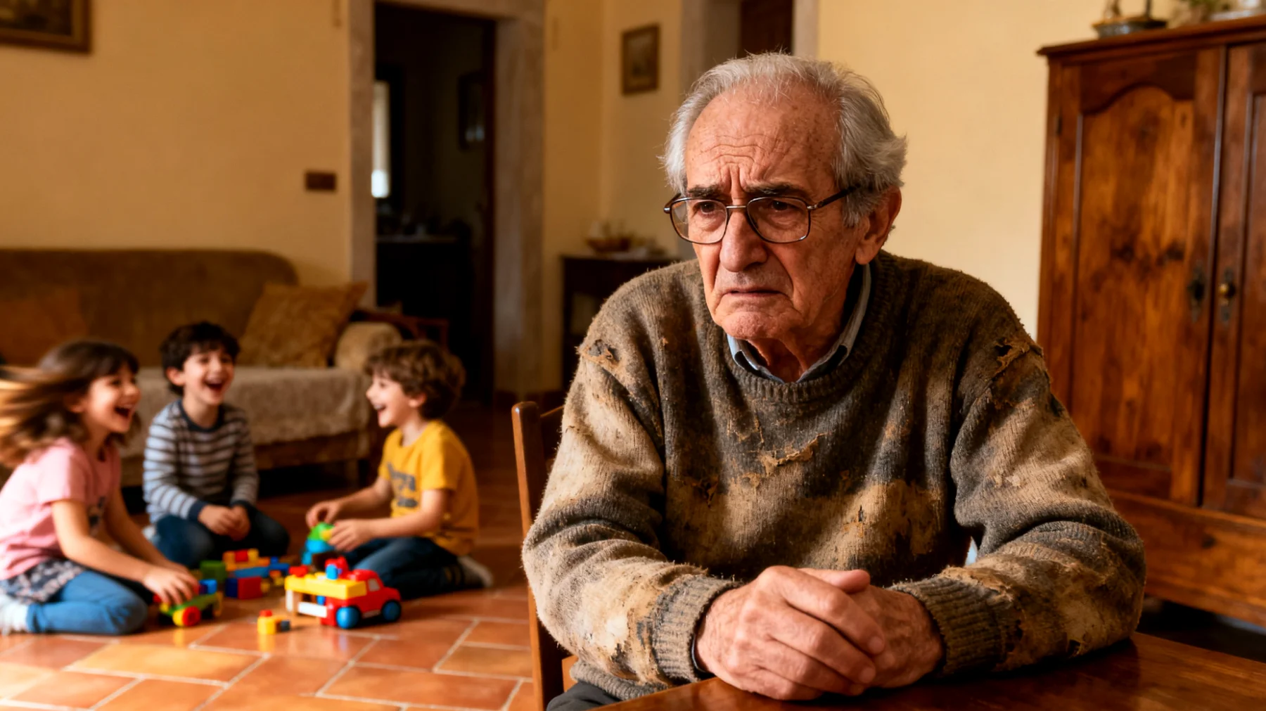 Nonno preoccupato per il futuro lavorativo e sociale dei nipoti bambini in un mondo sempre più incerto e competitivo"