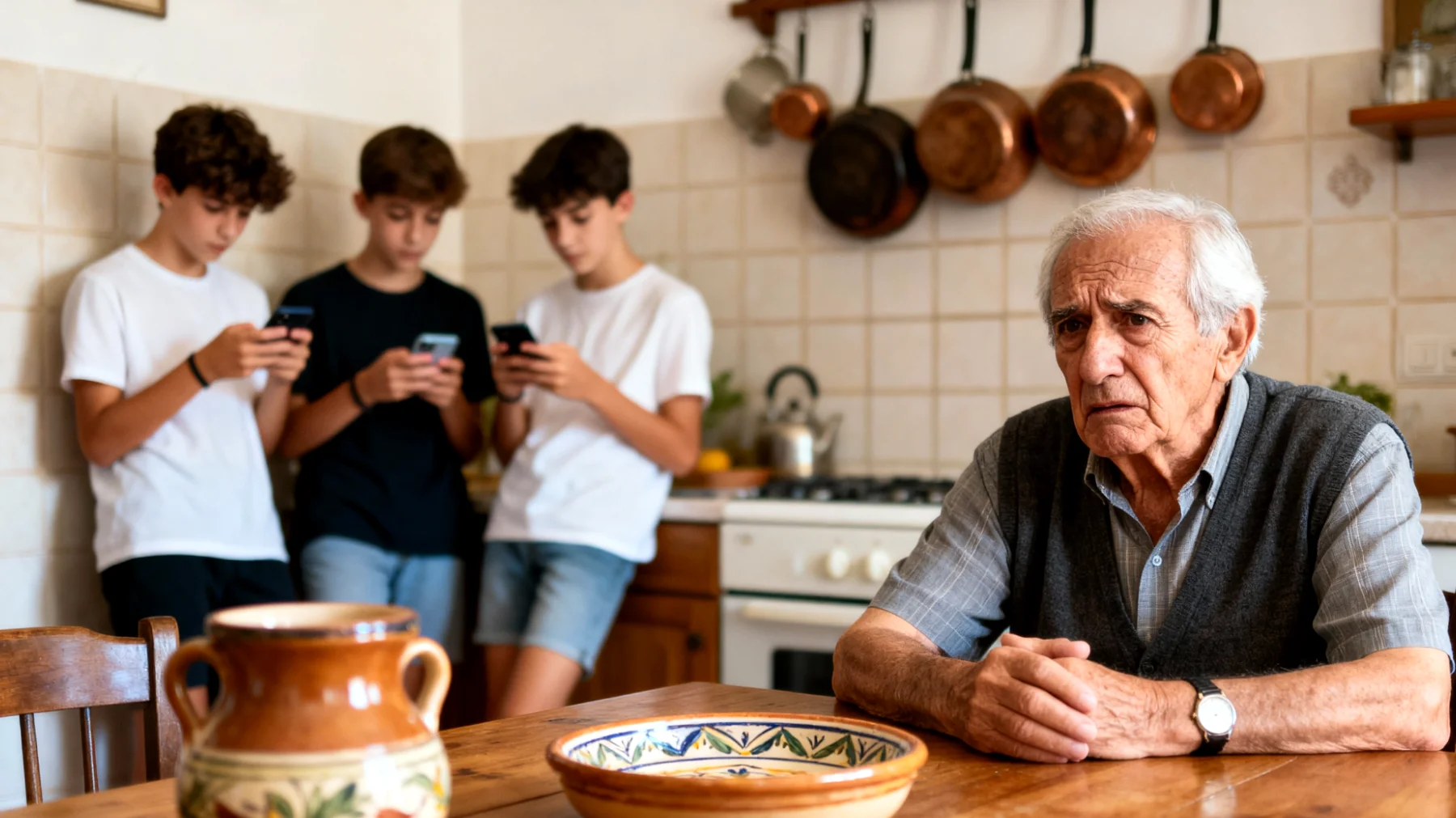 Un nonno si trova a confrontarsi con le scelte di vita dei nipoti adolescenti che sembrano poco orientati al futuro, manifestando ansia per le loro prospettive lavorative, educative e personali in un mondo in rapido cambiamento"